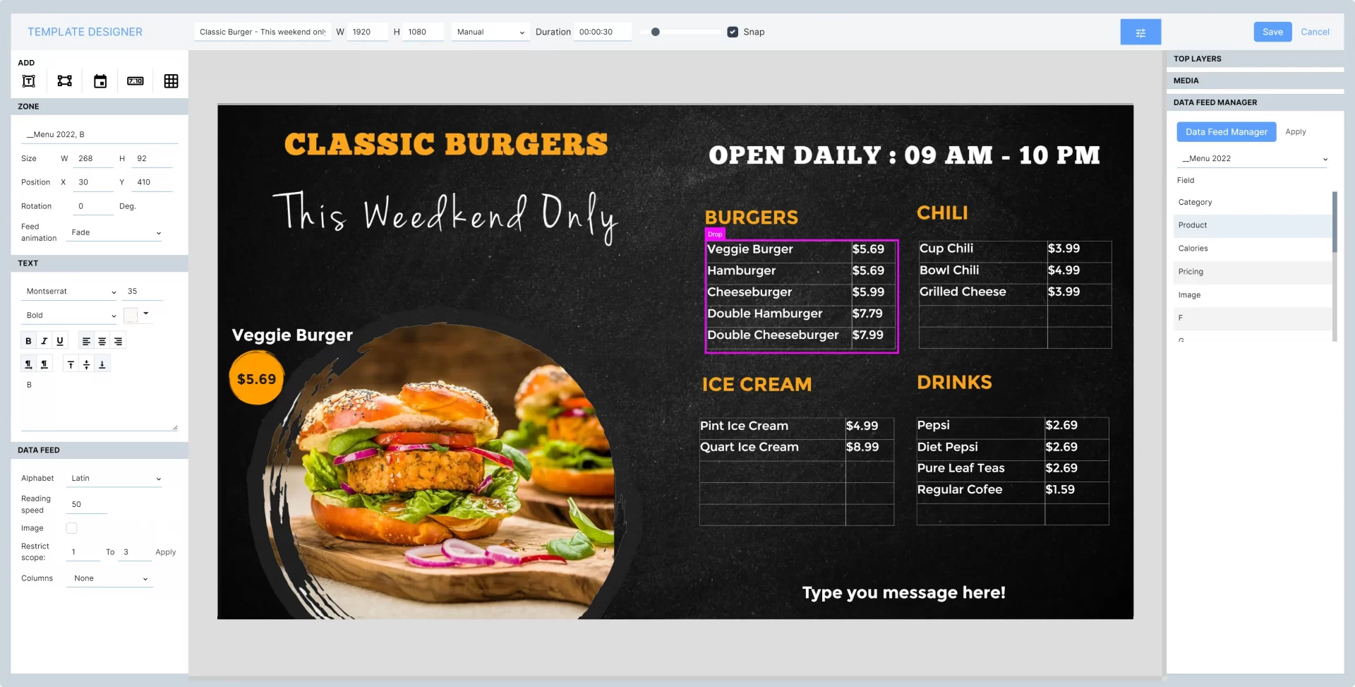Navori Designer digital menu board template